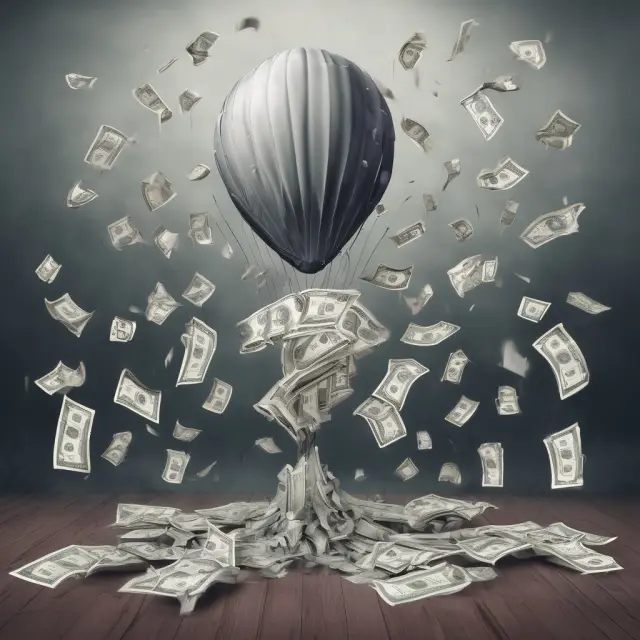 Image of a tornado engulfing and destroying currency notes, symbolizing the rapid decrease in purchasing power during hyperdeflation