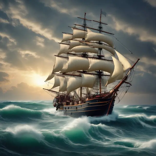 A fleet of ships braving rough waters, representing businesses adapting to hyperdeflation through strategic partnerships, diversification, flexible pricing and hedging.