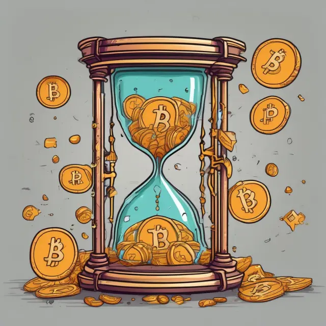 An hourglass filled with Bitcoin symbols flowing upwards to illustrate the concept of hyperdeflation and its relationship to digital currencies
