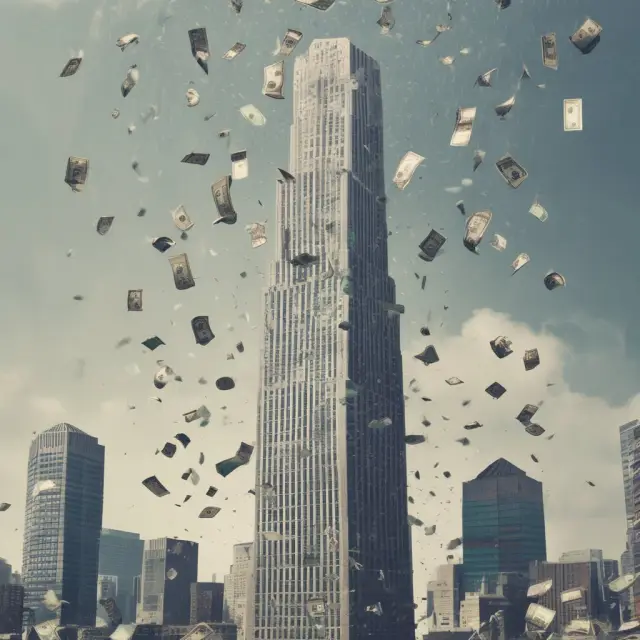 An image of paper money raining down from a collapsing skyscraper, representing the unpredictable nature of inflation