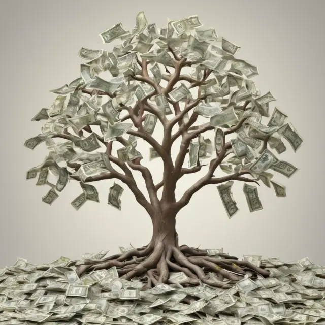 Money tree with numerous branches overflowing with banknotes representing the dangers of excessive money supply leading to hyperinflation