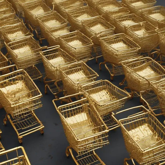 A marketplace overflowing with golden shopping carts represents excessive aggregate demand causing price increases in demand-pull inflation