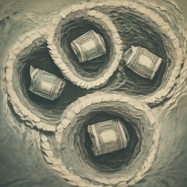 A torn representation of the currencies from Yugoslavia, Hungary, and Zimbabwe swirling in a whirlpool, symbolizing their respective hyperinflation crises