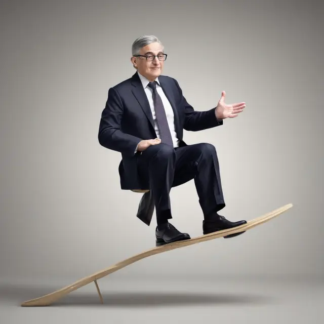 Central banker on a seesaw adjusts interest rates and monitors money supply to prevent excessive inflation or deflation