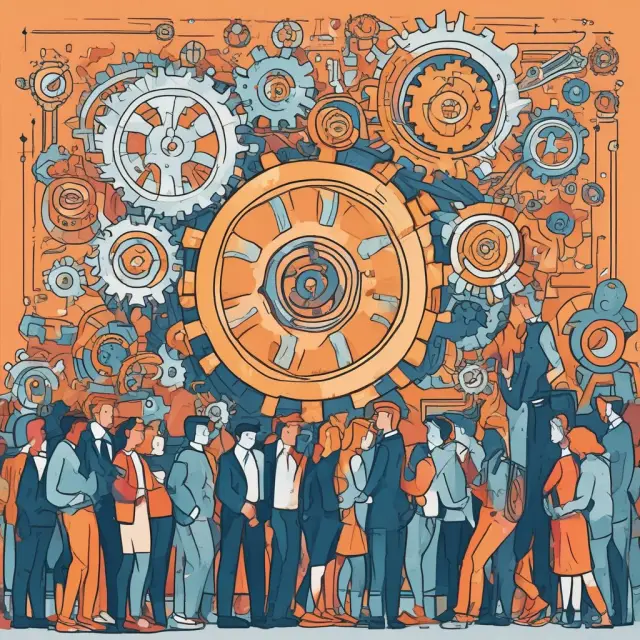 A dynamic image featuring business users and developers working together on a canvas adorned with gears, symbolizing Hyperledger Composer