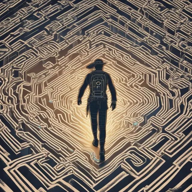 An explorer boat navigating through a mysterious blockchain maze, utilizing Hyperledger Explorer