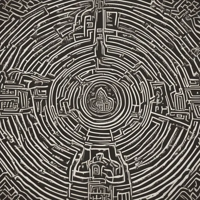 An image of shielded guardians protecting a complex, labyrinthine blockchain network from potential threats