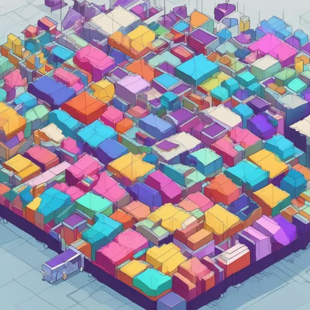 A bustling marketplace filled with various industries and enterprises, all connected by a vibrant Hyperledger Fabric network
