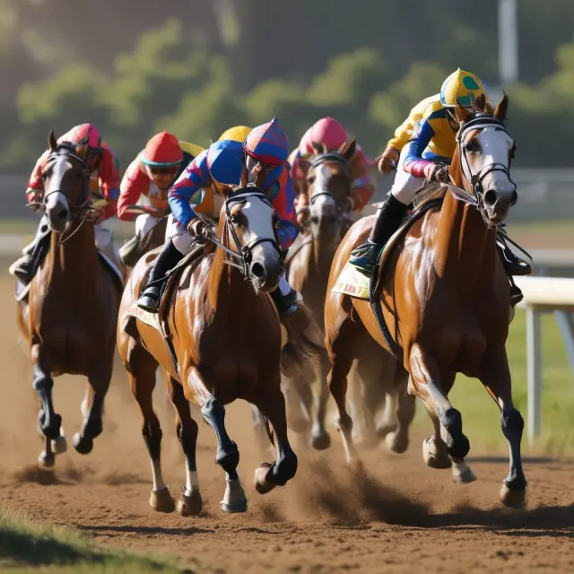 Four horse racers symbolize Hyperledger Fabric, Ethereum, Corda, and Iroha, competing on a blockchain racecourse, representing their unique features and advantages.