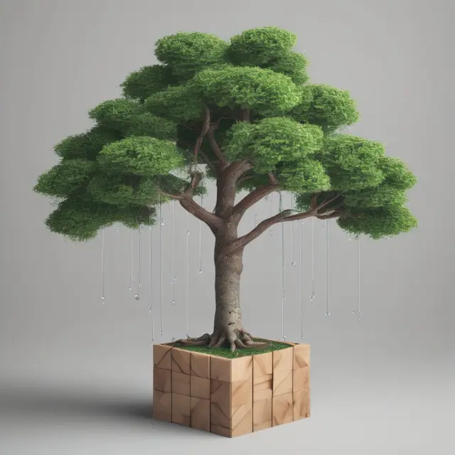 Tree emerges from a block of code with the Hyperledger Fabric logo, representing setting up a new network