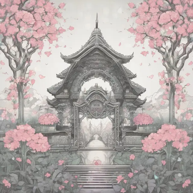 A beautiful garden filled with flowers representing benefits like security, efficiency, scalability, and compliance; the roots are interconnected Hyperledger Iroha blocks.