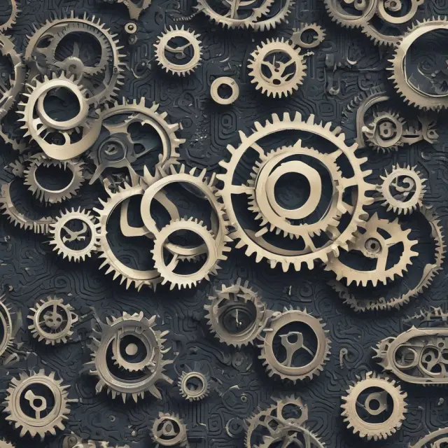 Gears representing FAQ questions interacting to reveal an answer in the form of a Hyperledger Sawtooth gear