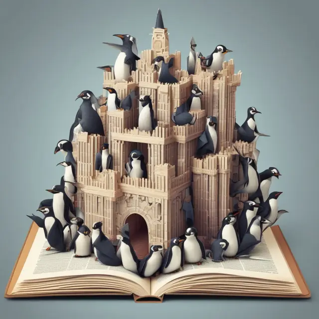 A Linux Penguin-filled book constructing a castle, depicting collaboration for the Hyperledger Sawtooth project