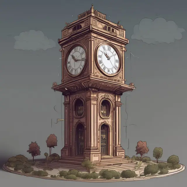 A clock tower represents the POET consensus mechanism in a Hyperledger Sawtooth network, where nodes function like clock gears to ensure secure and efficient transaction processing.