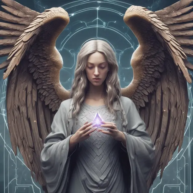 An angel safeguarding various security aspects of a blockchain network, including access control, permissions, encryption, and auditing.