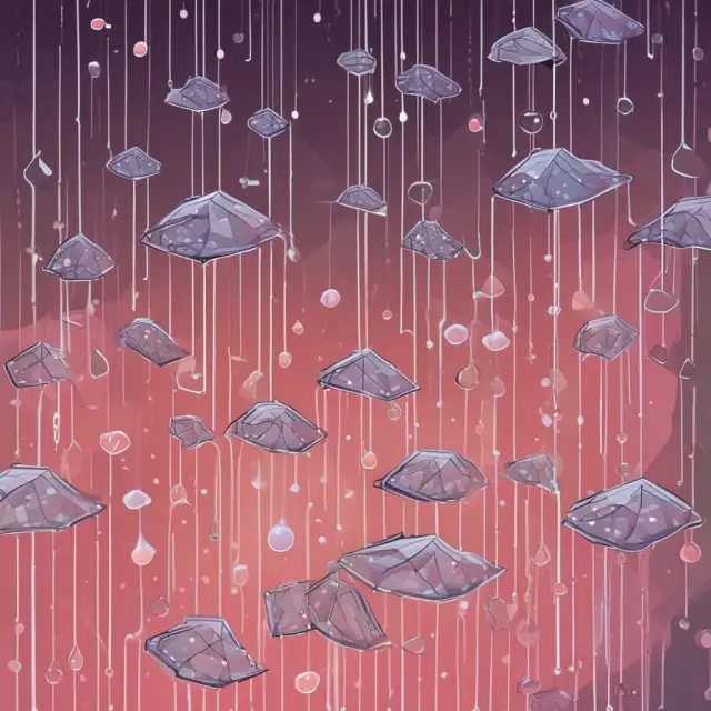 An image of a digital oracle releasing smart contracts as raindrops onto various Hyperledger projects, symbolizing the automation and integration of these self-executing programs within the ecosystem