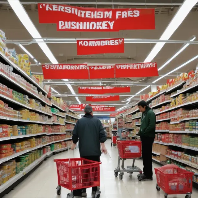 Hypermarket overshadows small supermarkets as labor unions gather in response to competitive threat.