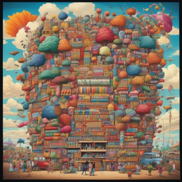 Gigantic hand creating intricate tapestry of goods, representing economies of scale and extensive merchandise selection