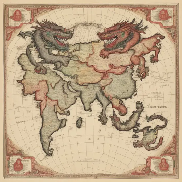 Two majestic dragons representing China and India dance atop an intricate map of Asia, illustrating the vibrant growth of hypermarkets in these countries