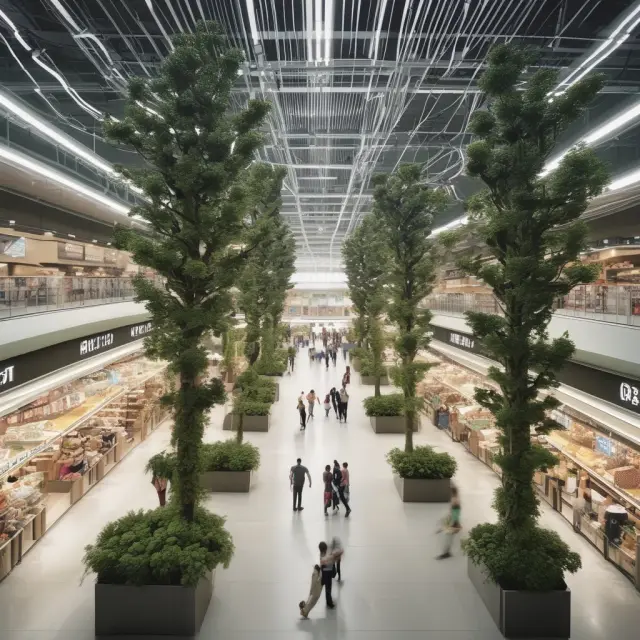 A tree representing hypermarkets, growing dynamically with technology and e-commerce branches while expanding its roots into emerging markets