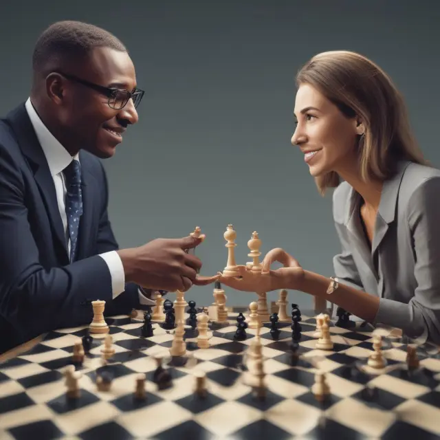 Two parties negotiating on a real estate investment, using chess pieces to represent rental properties, mortgages, and their roles in hypothecation.