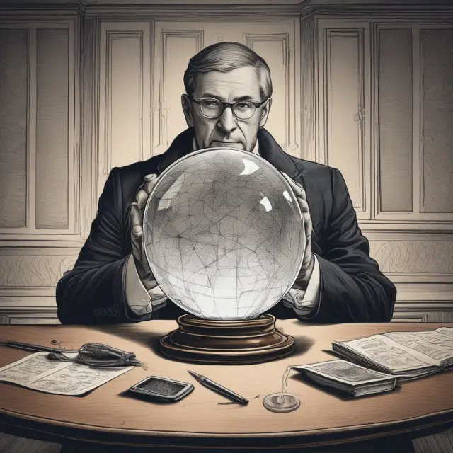 An institutional investor consults a crystal ball, illustrating the importance of hypothesis testing in making informed financial decisions.
