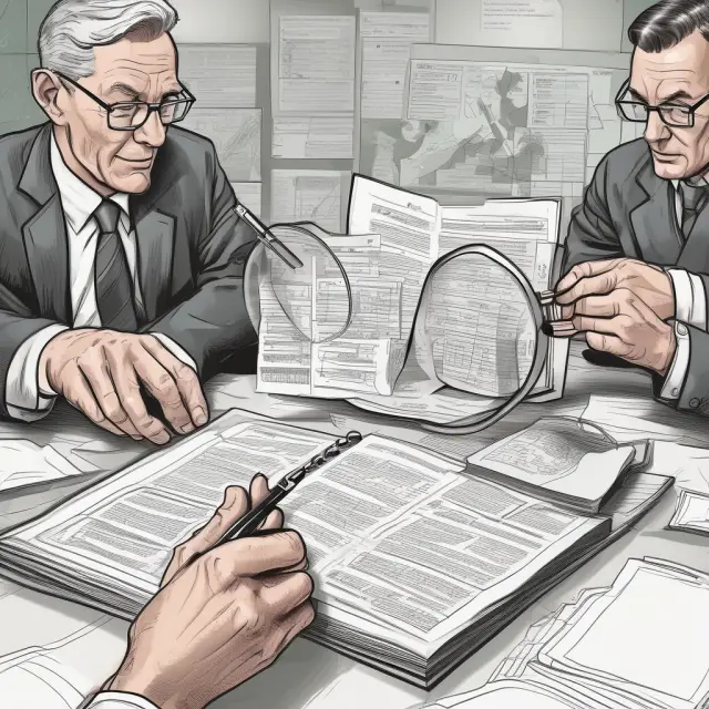 Investors and analysts examining charts with magnifying glasses, symbolizing the detailed evaluation of data in hypothesis testing