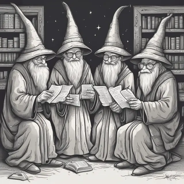 Three wise statisticians comparing hypothesis testing, regression analysis, and correlation coefficients with graphs representing their key differences