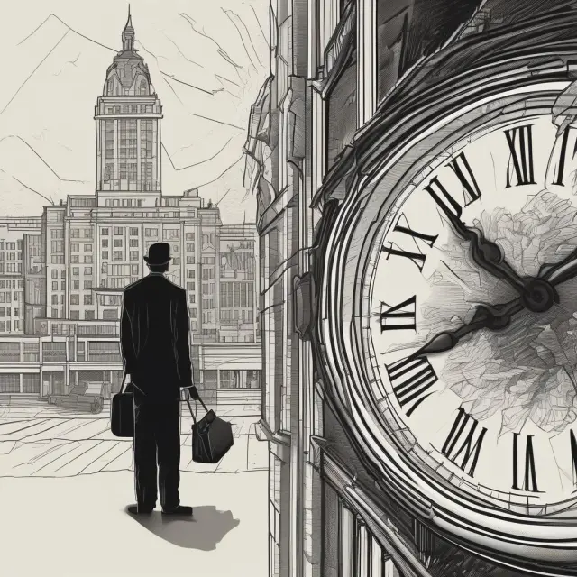A clock representing an economy with broken gears symbolizing hysteresis, where past economic downturns continue to impact employment and growth long after they have passed