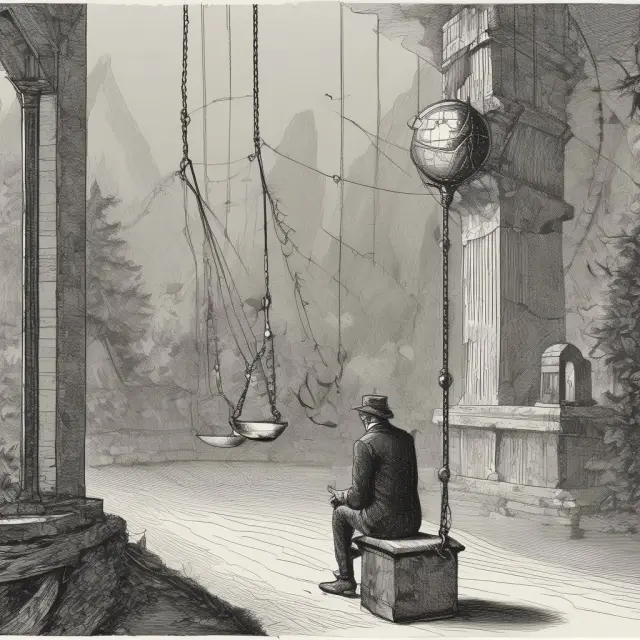 Time traveler examining the interplay of cyclical and structural unemployment as a pendulum swings between states, representing hysteresis in economics
