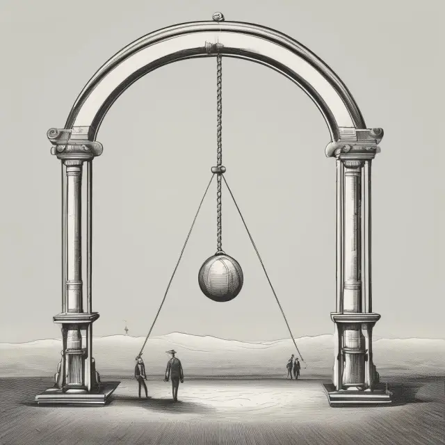 A pendulum swinging between employment and unemployment, symbolizing the concept of hysteresis in economics.