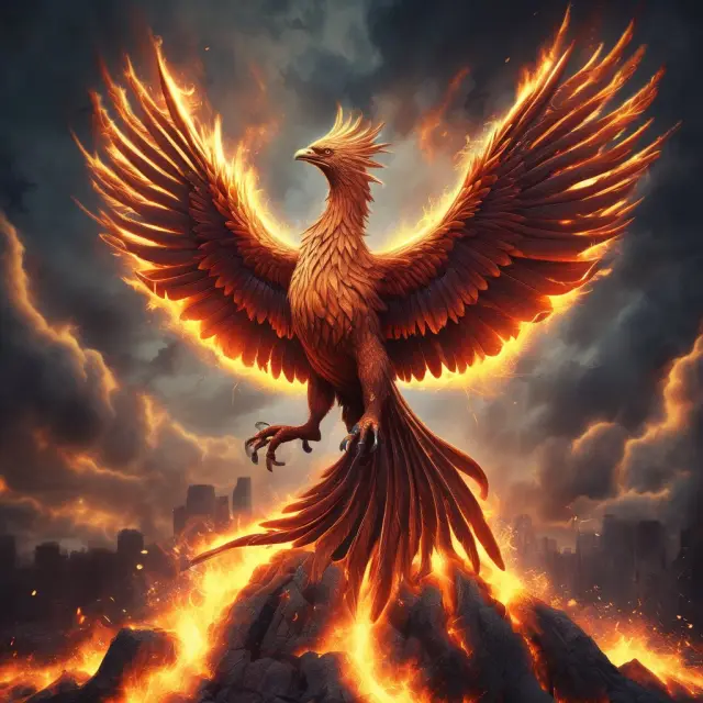 A phoenix rising from a pile of economic ashes, illustrating the recovery process in the context of preventing hysteresis