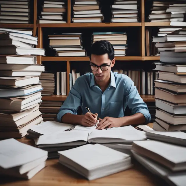 Person studying for IAR exams with books and study materials
