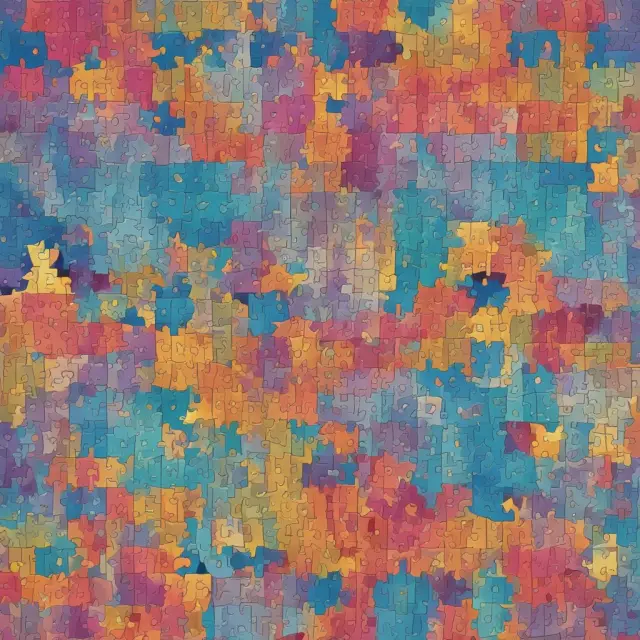 An intricate mosaic of interconnected puzzle pieces symbolizing Series 63, Series 65, Series 66, and Series 7 exams for Investment Advisory Representatives (IARs).