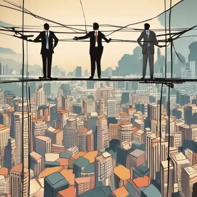 An image of two accounting giants (IAS and IFRS) represented as balanced figures on a tightrope, illustrating the tension between national flexibility and global uniformity.