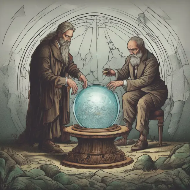 An assemblage of analyst heads forming a hivemind around a crystal ball, symbolizing the convergence of expert opinions through Institutional Brokers