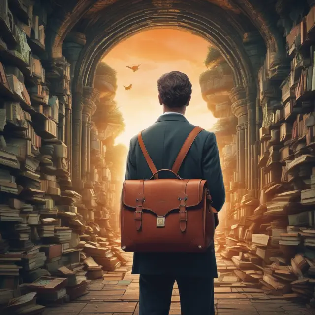 A scholar holding a bag full of financial insights while traveling through time with the Institutional Brokers