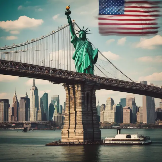 An elegant bridge symbolizing IBFs connecting US banks to foreign investors, with magnets labeled 