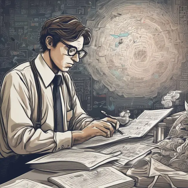 An analyst solving puzzles amidst a sea of financial data, crafting the Ichimoku Cloud