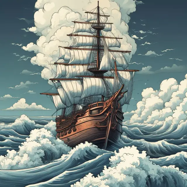 A trader on a ship braving the tides within an expansive Ichimoku Cloud, illustrating the determination of identifying support and resistance levels to navigate price movements