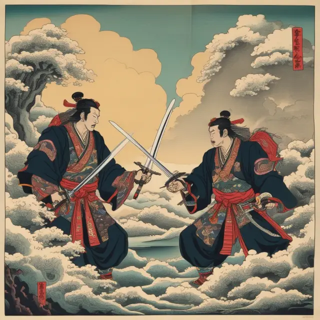 Samurais with Tenkan Sen and Kijun Sen swords representing trend lines in a sea of Ichimoku Cloud data