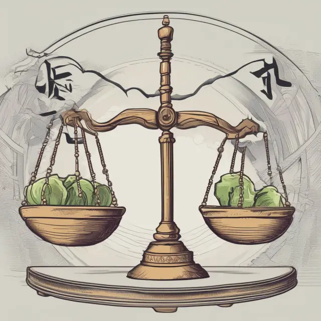 A balance scale with two pans: one labeled 