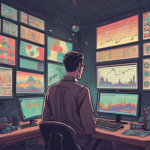An analyst studying multiple monitors: Ichimoku indicator overlays and other technical indicators displayed on each screen