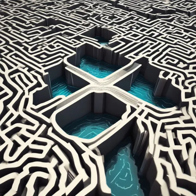 An intricate maze representing advanced economies with a clear, flowing river symbolizing intangible assets challenging the measurement of ICOR