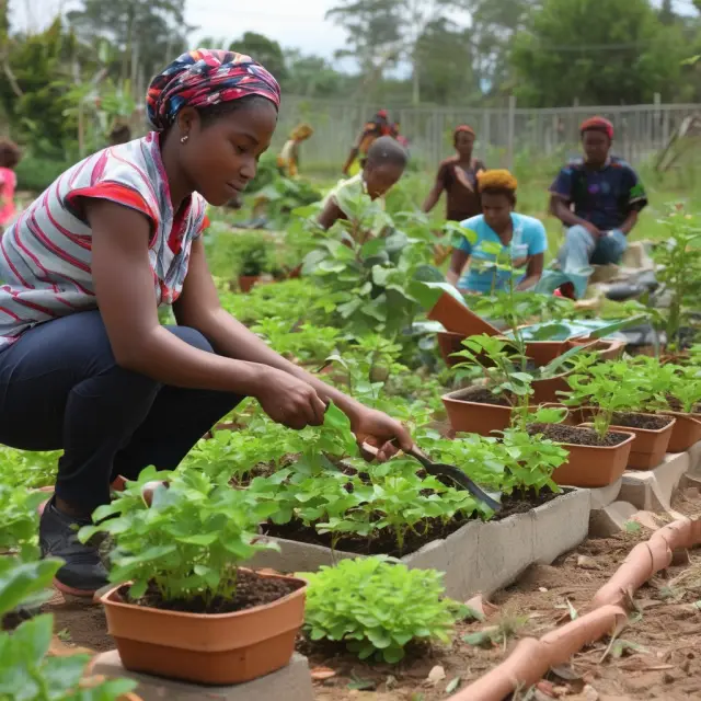 An IDB gardener tenderly nurtures economic growth (crops), social inclusion (butterfly), and environmental sustainability (tree) in Latin America.