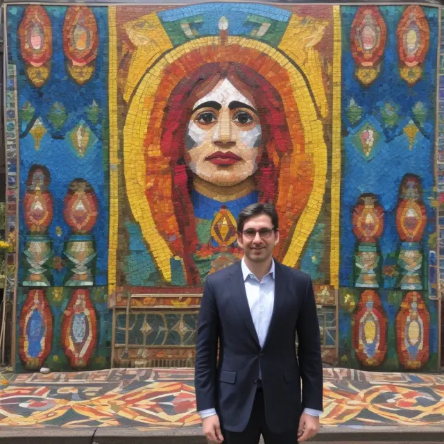 Mauricio J. Claver-Carone presenting a mosaic depicting Latin America, with pieces representing equality, climate change, and gender issues coming together for development