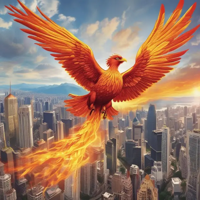 A phoenix rising from economic flames symbolizes the Inter-American Development Bank