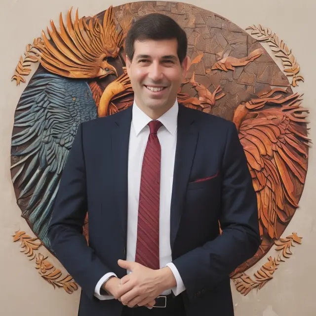 Mauricio J. Claver-Carone, the new IDB President, symbolized as a phoenix rising over Latin America, signifying transformation and renewed focus on inclusive development