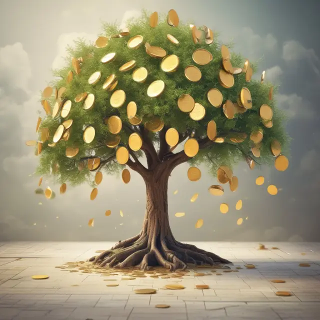 An idea tree bursting with golden coins in a bustling financial marketplace, symbolizing the power of ideation to generate value and success