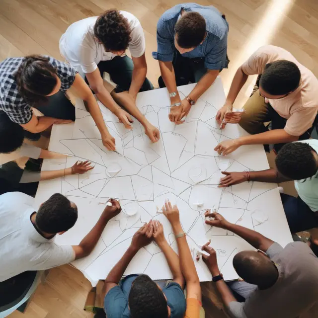 Engineers in casual setting, exchanging ideas and jotting them on paper at a vibrant, ideation-focused table
